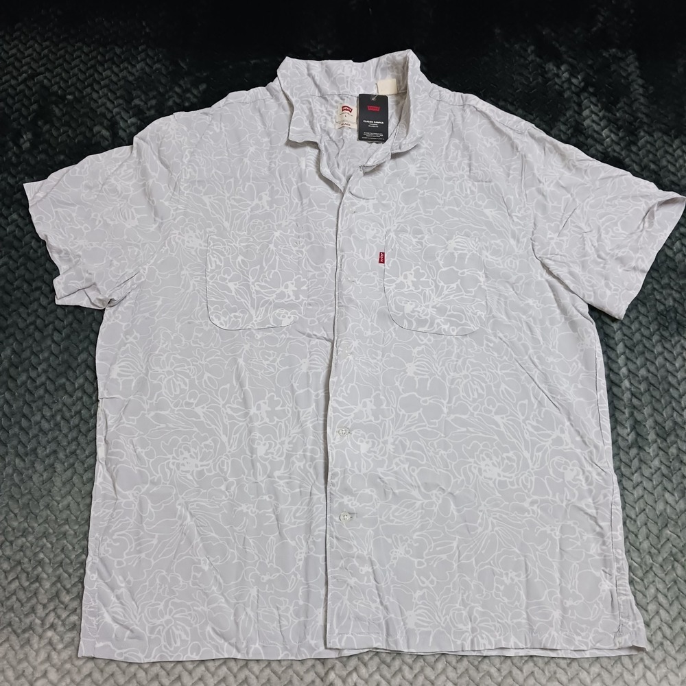 Levi's Classic Camper Hawaiian Shirt Men's L Gray Floral Relaxed Summer Beach